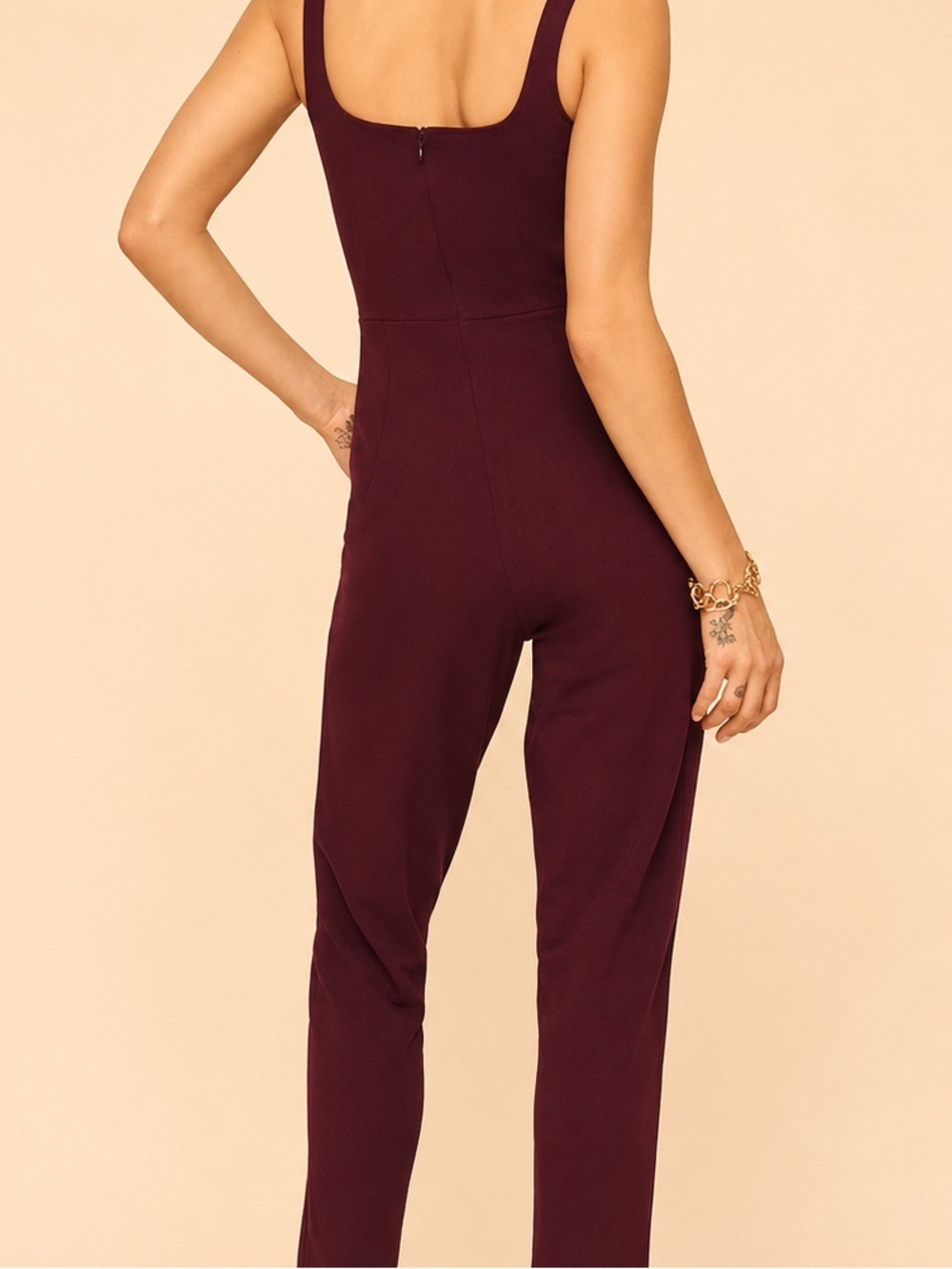 Dynamite Sleeveless Straight Leg Jumpsuit in Deep Cranberry / V-Wire Neckline - Picture 3 of 4